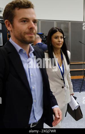 Ixelles, Belgien. Juli 2024. EU-Parlamentsabgeordnete Afroditi Latinopoulou nimmt an einer Pressekonferenz während des ersten Treffens der neuen Gruppe Patrioten für Europa am 8. Juli 2024 in Brüssel, Belgien, Teil. Quelle: ALEXANDROS MICHAILIDIS/Alamy Live News Stockfoto