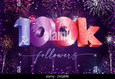 100 Follower Grußkarte Design. Festlicher Hintergrund mit glänzenden Glitzern. Buntes Feuerwerk mit Schnittmaske. Vielen Dank für 100 000 Abonnenten Stock Vektor