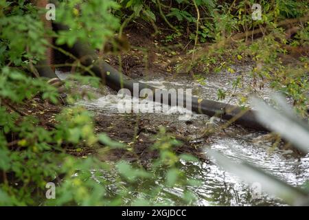 Amersham, Großbritannien. Juli 2024. Das Wasser der Themse fließt seit über 3.500 Stunden aus den Amersham Balancing Tanks in den River Misbourne. Sie haben heute wieder dort entlassen. Flussabwärts von den Ableitungen riecht ein Abwasser aus dem Fluss Misbourne im Dorf Chalfont St Giles in Buckinghamshire. Es gibt deutliche Hinweise auf Klärpilz im River Misbourne, einem seltenen Kalkstrom, und entlang der Ufer. Thames Water hat 158 Millionen Pfund an die Aktionäre gezahlt, obwohl sie 15 Milliarden Pfund schulden. Thames Water hat gesagt, dass sie bis Mai 2025 kein Bargeld mehr haben werden. CEO von Thames Water, CH Stockfoto