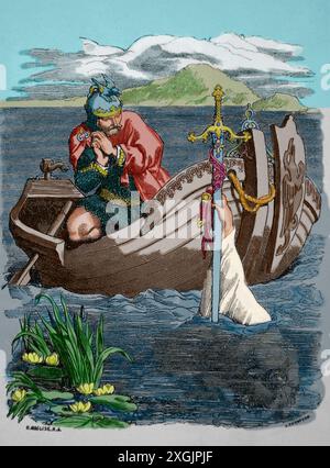 Sir Bedivere bringt Excalibur zur Lady of the Lake zurück. Arthurische Legende. Stich, 19. Jahrhundert. Stockfoto