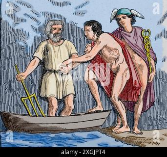 Griechische Mythologie. Kharon, der Bootsmann der griechischen Unterwelt, und Hermes, ein Dirigent der Seelen ins Jenseits. Stockfoto