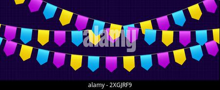 Fahnen, Faschingsfahnen, festliche Wimpel, die an einem Seil hängen. Stock Vektor