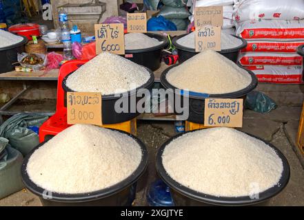 Verkaufsstand für verschiedene Sorten Reis auf dem lokalen Markt, Luang Prabang, Laos *** Marktstand, der verschiedene Reissorten bei der örtlichen Ma verkauft Stockfoto