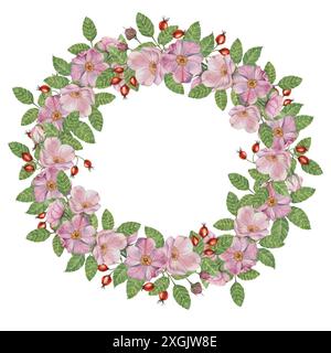 Hagebuttenschablone mit rundem Rahmen, rosa Wildrosenblüten und -Blätter. Aquarell detaillierter botanischer Kranz für Geburtstag, Jahrestag, Dankeschön, Glückwunsch und Muttertagskarten, Hochzeitseinladung Stockfoto