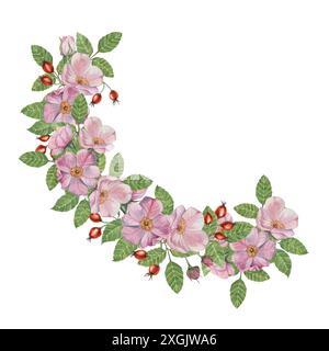 Hagebuttenschablone mit rundem Rahmen, rosa Wildrosenblüten und -Blätter. Aquarell detaillierter botanischer Kranz für Geburtstag, Jahrestag, Dankeschön, Glückwunsch und Muttertagskarten, Hochzeitseinladung Stockfoto