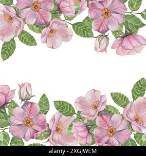 Rosafarbene Hagebuttenrahmenschablone, wilde Rosenblüten und Blätter. Aquarell elegantes Design für Geburtstag, Jubiläum, Dankeschön, Glückwunsch und Muttertagskarten, Hochzeitseinladung Stockfoto