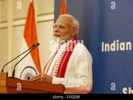 Moskau, Russland. Juli 2024. Der indische Premierminister Narendra Modi hält am 9. Juli 2024 in Moskau, Oblast Moskau, Russland, eine Rede an Mitglieder der indischen Gemeinschaft im Ausland. Quelle: PIB/Press Information Bureau/Alamy Live News Stockfoto