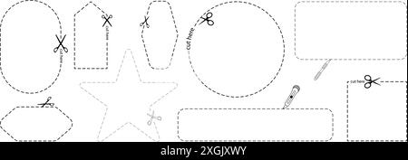 Symbol hier ausschneiden. Set aus Scheren, Schneideform, hier geschnittenes Papier, Symbol mit gepunkteter Linie für Ticket, Gutschein, Aktionscode. Stock Vektor