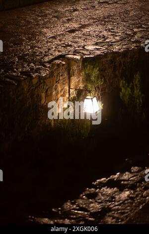 Fesselnde Nachtszene mit der Reflexion einer leuchtenden Lampe im Wasser, die einen nassen Pflasterweg beleuchtet. Das warme Licht bildet einen schönen Kontrast Stockfoto