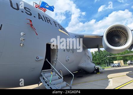 Schönefeld, Brandenburg, Deutschland, 07.06.2024: ExpoCenter-Airport: Internationale Luft- und Raumfahrtausstellung Berlin ILA: Transportflugzeug McDonnell Douglas/Boeing C-17 Globemaster III des 437th Airlift Wing der United States Air Force mit der Kennung 0107. *** Schönefeld, Brandenburg, Deutschland, 07 06 2024 ExpoCenter Airport Internationale Luft- und Raumfahrtausstellung Berlin ILA Transportflugzeug McDonnell Douglas Boeing C 17 Globemaster III des 437th Airlift Wing der United States Air Force mit der Registrierung 0107 Copyright: XdtsxNachrichtenagenturx dts 39377 Stockfoto