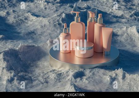 3D-Illustration eines Sets verschiedener Kosmetikbehälter in rosa Farbe, die auf Metallsockel auf Eisfelsen stehen, Außenaufnahme. Kosmetikgläser, Flaschen, Röhrchen, Sprays und andere Behälter Stockfoto