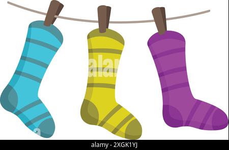 Drei bunte Socken hängen nach dem Wäschetag an der Wäscheleine Stock Vektor