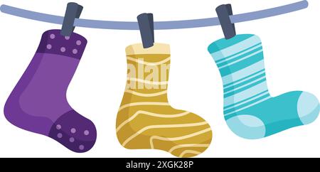 Drei farbenfrohe Socken hängen an einer Wäscheleine und trocknen nach dem Waschen Stock Vektor