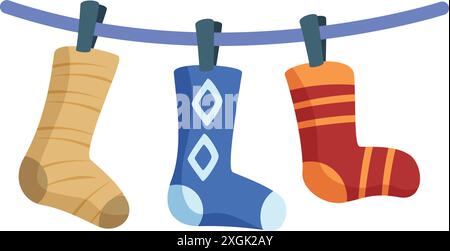 Drei farbenfrohe Socken hängen an einer Wäscheleine und trocknen nach dem Waschen Stock Vektor