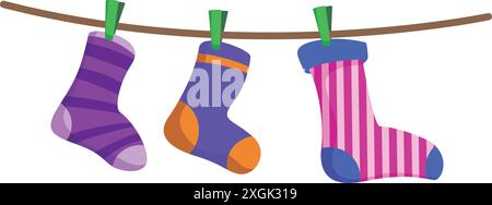 Drei bunte Socken hängen nach dem Wäschetag an der Wäscheleine Stock Vektor