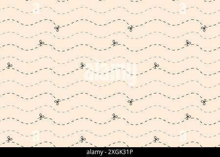 Schneide hier nahtloses Muster. Vektorschere mit gepunkteten Linien, hier geschnittenes Papiermuster für Ticket, Coupon, Aktionscode. Stock Vektor