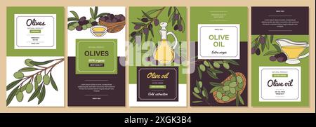 Olivenerzeugnisse. Natürliche Lebensmittel, schwarz und grün, extravergines Olivenöl, Glasflaschen, Behälter, Zweige mit Blättern, Produktverpackung, Etikett Stock Vektor