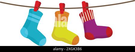 Drei bunte Socken hängen nach dem Waschen an der Wäscheleine Stock Vektor