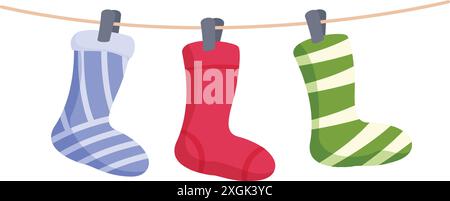 Weihnachtskonzept mit drei farbenfrohen Socken, die an einer Wäscheleine hängen Stock Vektor