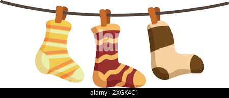 Drei farbenfrohe Socken hängen an einer Wäscheleine und trocknen nach dem Waschen Stock Vektor