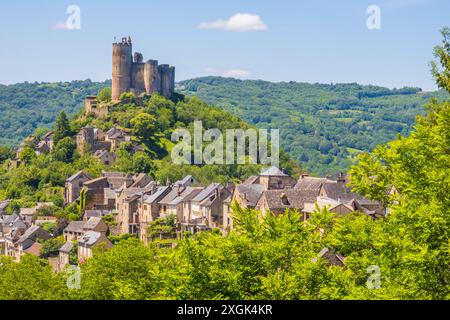 Das Schloss Najac erhebt sich über den Dorfhäusern, eines der schönsten Dörfer Frankreichs, das in der Region Occitanie fotografiert wurde Stockfoto