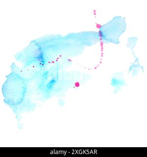 Abstrakte blaue ungewöhnliche Aquarellflecken und Spritzer Silhouette auf weißem Hintergrund Stockfoto