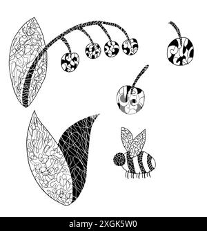 Ungewöhnliche abstrakte Spitzenwaldvegetation und süße Biene. Geheimnisvolle, handgezeichnete Strichkunst im Wald auf weißem Hintergrund Stockfoto