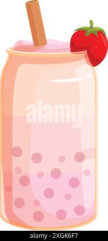 Rosafarbener Erdbeer-Bubble-Tee in einem maurerglas mit Strohgarnitur und Fruchtgarnitur Stock Vektor