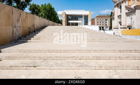 Rom, Latium, Italien, Museo dell'ara Pacis, das das alte Ara Pacis Augustae beherbergt und temporäre Ausstellungen, nur redaktionelle Ausstellungen, beherbergt. Stockfoto