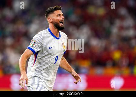 München, Niederlande. Juli 2024. MÜNCHEN, NIEDERLANDE - 9. JULI: Oliver Giroud von Frankreich brüllt während des Halbfinalspiels der UEFA EURO 2024 zwischen Spanien und Frankreich am 9. Juli 2024 in München. (Foto von Andre Weening/Orange Pictures) Credit: Orange Pics BV/Alamy Live News Stockfoto