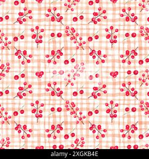 Aquarell handgezeichnetes nahtloses weihnachtsmuster mit roten Beeren auf beigem kariertem Hintergrund. Winterliche Stimmung. Beigefarbenes Karomuster. Stockfoto