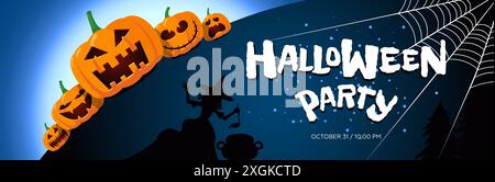 Fröhliche Halloween-Feiertags-Kürbisse im Mondlicht. Jack O Lantern Party mit Hexe auf Nachtwald Hintergrund und Inschrift horizontales Banner Design Vorlage. „Trick or Treat Event Spooky EPS“-Druck Stock Vektor