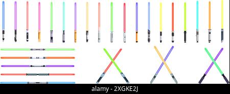 Symbole für Lichtsäbel gesetzt. Eine Reihe von bunten Laserschwertern, von denen einige gekreuzt sind, sind auf weißem Hintergrund isoliert, was auf futuristische Kämpfe und Fantasien hindeutet Stock Vektor