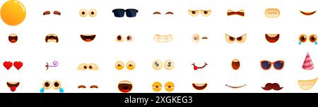 Emoji Creator Symbole gesetzt. Verschiedene Comic-Gesichter zeigen Emotionen mit Augen und Mund, die Glück, Traurigkeit, Wut und mehr ausdrücken Stock Vektor