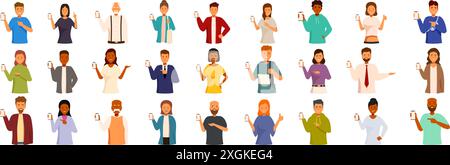 Die Benutzer zeigen die Symbole auf dem Smartphone an. Eine Gruppe von Männern und Frauen unterschiedlichen Alters, Berufen und ethnischen Zugehörigkeit hält Smartphones bereit und empfiehlt den Download einer mobilen Anwendung Stock Vektor