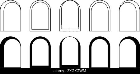 Satz verschiedener Bogenrahmen. Geometrische Bogenformen im trendigen Bohème-Stil. Fenster, Tür, Portal oder Tor Silhouetten in Bogenform isoliert auf weißem Hintergrund. Vektorgrafik. Stock Vektor