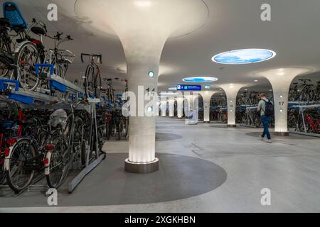 Neues Fahrradparkhaus am Hauptbahnhof Amsterdam Central, Stationsplein, Platz für rund 7000 Fahrräder, größtes in Amsterdam, digital überwacht, Unterirdisch, direkte Anbindung an den Bahnhof und die Metro, Niederlande, Fahrradparkhaus Stationsplein *** Neues Fahrradparkhaus am Amsterdamer Hauptbahnhof, Stationsplein, Platz für rund 7000 Fahrräder, größtes in Amsterdam, digital überwacht, unterirdisch, direkte Verbindung zum Bahnhof und zur U-Bahn, Niederlande, Stationsplein Fahrradparkhaus Stockfoto