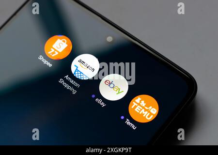 Paraguay. Juli 2024. In dieser Fotoabbildung wird das Logo „Shopee“, „Amazon Shopping“, „Ebay“ und „Temu“ auf einem Smartphone-Bildschirm angezeigt. (Foto von Jaque Silva/SOPA Images/SIPA USA) *** ausschließlich für redaktionelle Nachrichten *** Credit: SIPA USA/Alamy Live News Stockfoto