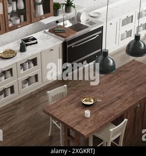 Moderne Landhausküche mit Marmorarbeitsplatten und Holzakzenten für ein schickes Design Stockfoto