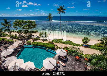 Der Pool im Hilton's Doubletree Resort & Spa, Mahe, Republik Seychellen, Indischer Ozean. Stockfoto