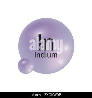Indiumelement-Symbol. Violette Verlaufskugel. Chemischer Symbolvektor. Details der Periodentabelle. Stock Vektor