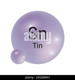 Symbol für Zinn-Element. Glänzende violette Kugel. Chemisches Symbol Sn. Vektorabbildung. Stock Vektor