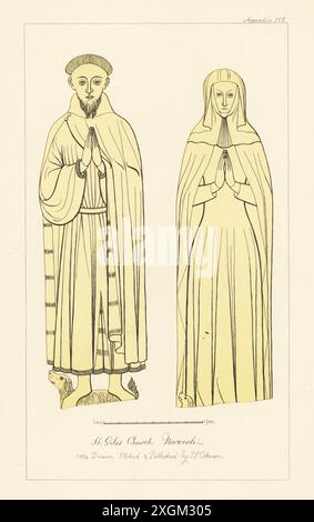 Richard Purdaunce und Ehefrau Margaret, 1436. Bürgermeister von Norwich mit Bart und Hund zu Füßen. Ehefrau in Wimper und Kleid. Memorial Messing in St. Giles Church, Norwich, Norfolk. Handgetönter Kupferstich gezeichnet, geätzt und veröffentlicht von John Sell Cotman in Gravuren der bemerkenswertesten Grabbläser in Norfolk, Henry Bohn, London, 1818. Stockfoto