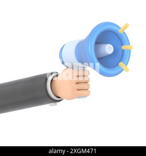 Zeichentrickgestensymbol Mockup.3D Hand mit gelbem Megaphon realistisches Symbol, 3D-Rendering auf weißem Hintergrund. Stockfoto