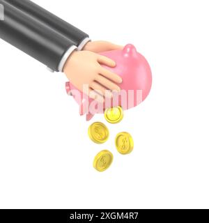 Mockup Des Symbols Für Zeichentrickgesten. Mensch in Händen schüttelt Schweinebank. Sturzgeld. Münzen fallen lassen. Geld ausgeben. Armer Mann. Finanzkrise, 3D-Rendering auf Wi Stockfoto