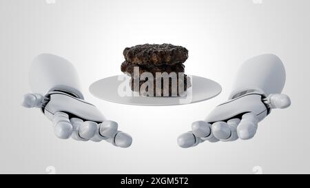 Ein 3D-Rendering von Roboterarmen, die Rinderpatties auf einer weißen Platte halten. Stockfoto