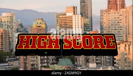 Bild von Text und Emoji-Symbolen über der Stadtlandschaft. Social Media- und Kommunikationsschnittstellen-Konzept digital generiertes Bild. Stockfoto