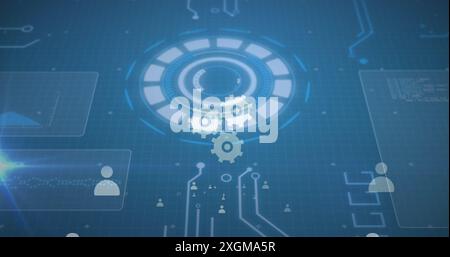 Abbildung der technischen Symbole und der Hauptplatine auf blauem Digitalbildschirm. Netzwerk, Verbindungen, Kommunikations- und Technologiekonzept digital generiertes Bild. Stockfoto