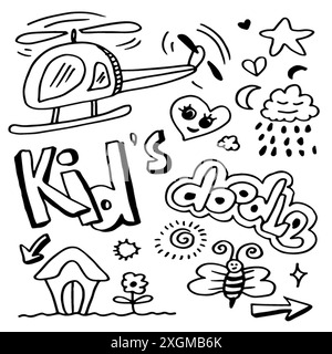 Handgezeichnetes süßes Doodle-Set auf weißem Hintergrund. Doodle Design Elements.Doodle Kinder zur Dekoration und Ausmalseite. Stock Vektor