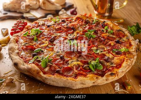 Frisch gebackene Peperoni-Pizza mit Pilzen, Zwiebeln und Basilikum auf einem Holztisch Stockfoto
